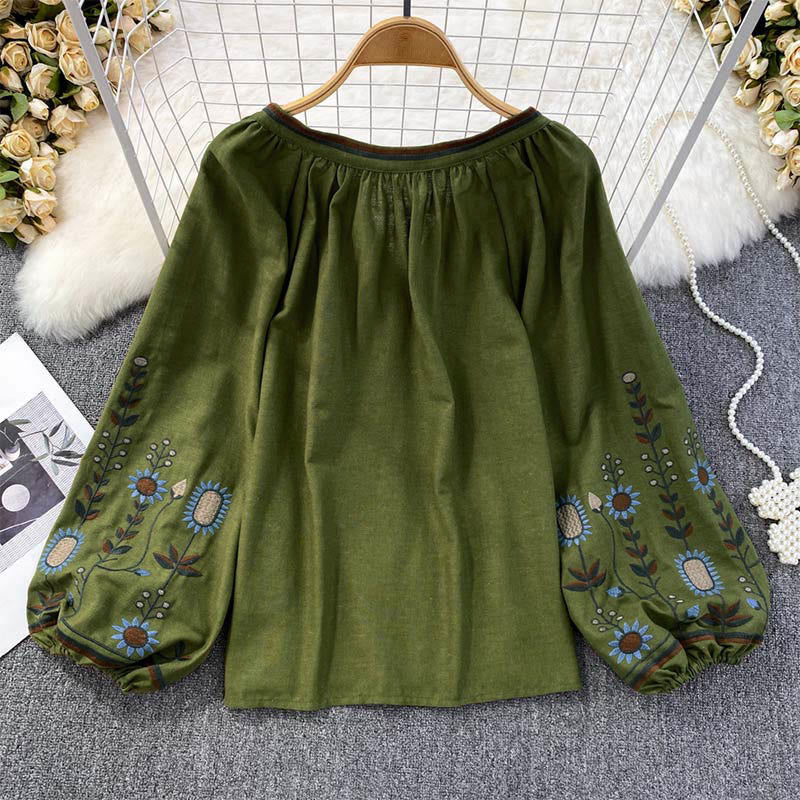 Maglietta casual da donna in cotone e lino con scollo rotondo e motivo a fiori e foglie con ricamo Buddha Stones - Image 2