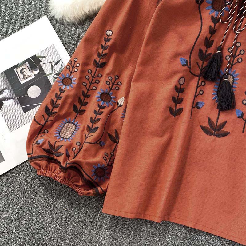 Maglietta casual da donna in cotone e lino con scollo rotondo e motivo a fiori e foglie con ricamo Buddha Stones - Image 21