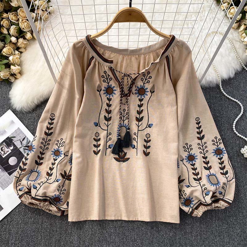 Maglietta casual da donna in cotone e lino con scollo rotondo e motivo a fiori e foglie con ricamo Buddha Stones - Image 22