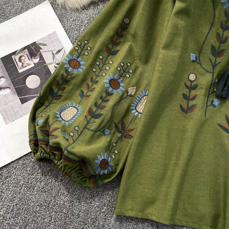Maglietta casual da donna in cotone e lino con scollo rotondo e motivo a fiori e foglie con ricamo Buddha Stones - Image 6