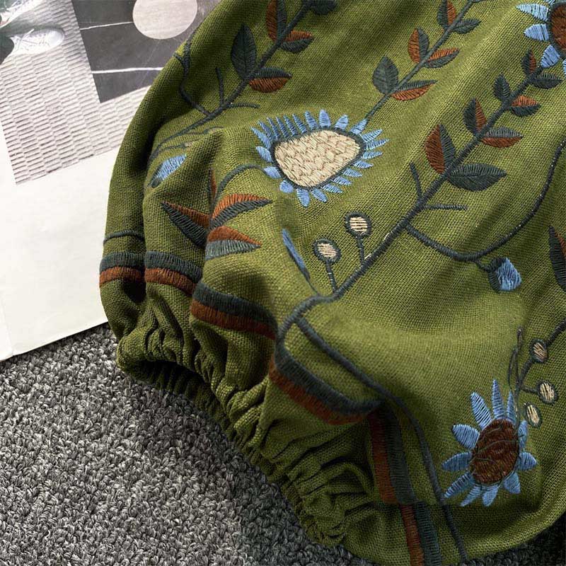 Maglietta casual da donna in cotone e lino con scollo rotondo e motivo a fiori e foglie con ricamo Buddha Stones - Image 7