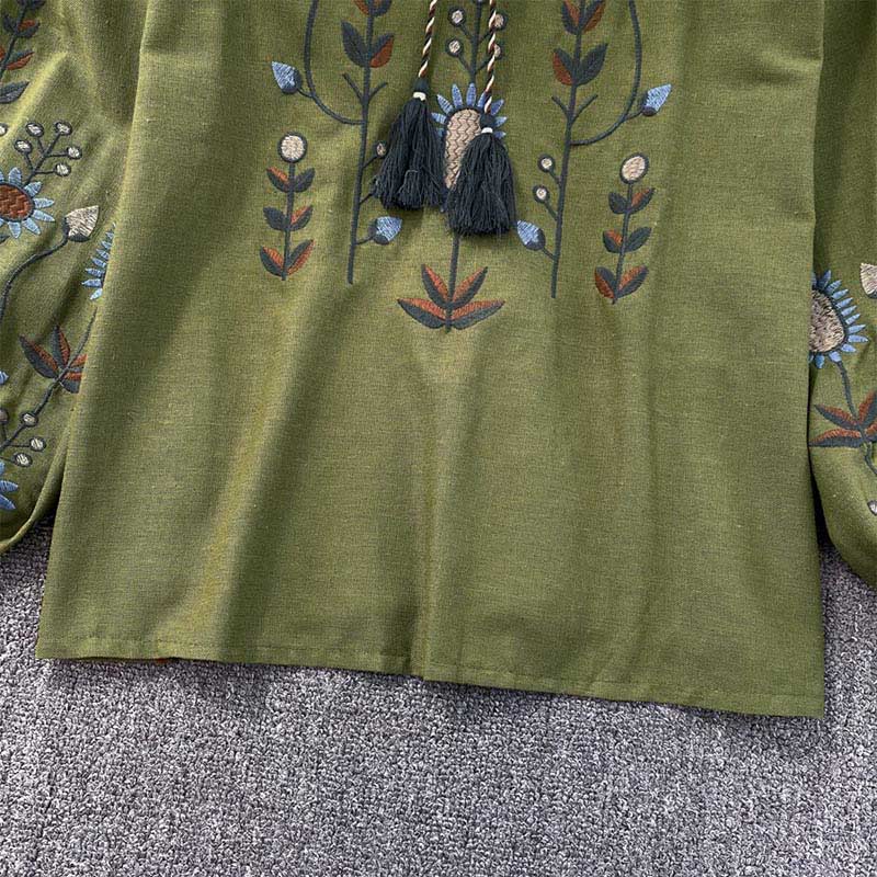 Maglietta casual da donna in cotone e lino con scollo rotondo e motivo a fiori e foglie con ricamo Buddha Stones - Image 8