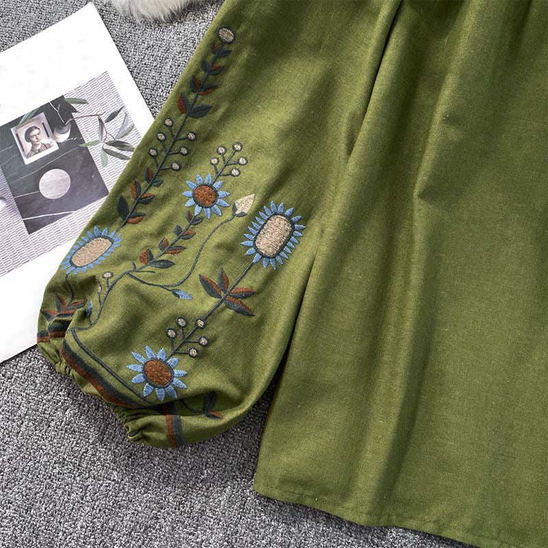 Maglietta casual da donna in cotone e lino con scollo rotondo e motivo a fiori e foglie con ricamo Buddha Stones - Image 9