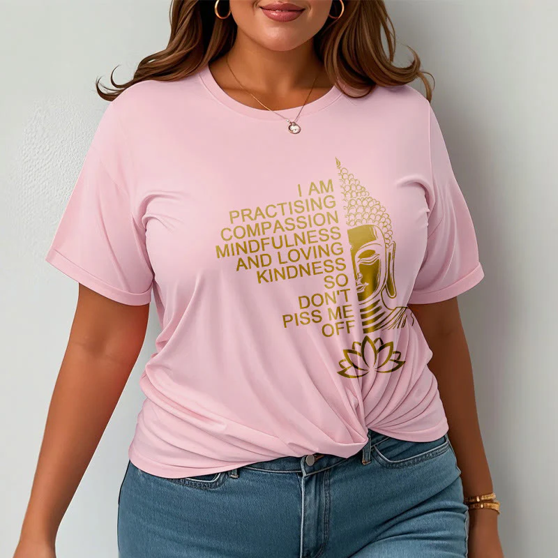 Maglietta casual in cotone con motivo a fiori di loto e lato dorato Buddha Stones - Image 14