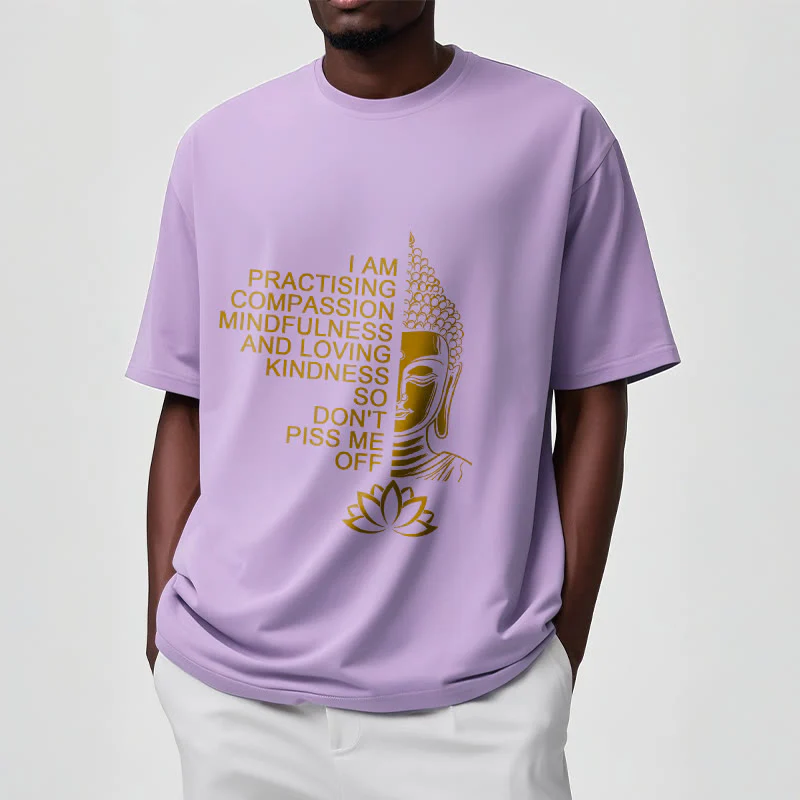 Maglietta casual in cotone con motivo a fiori di loto e lato dorato Buddha Stones - Image 18