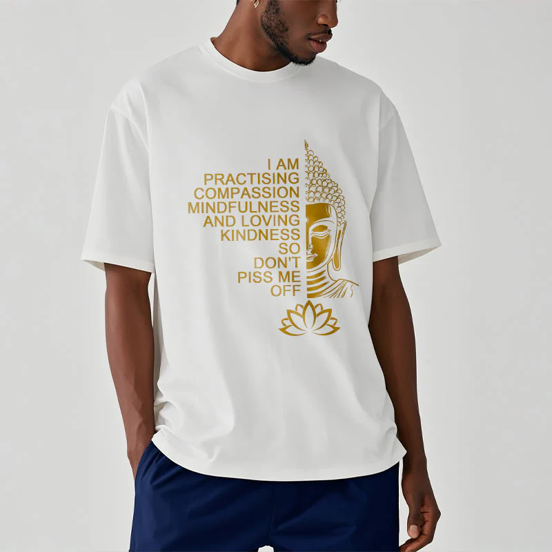 Maglietta casual in cotone con motivo a fiori di loto e lato dorato Buddha Stones - Image 2