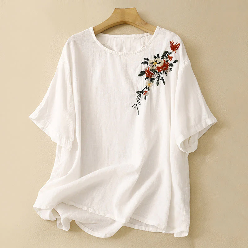 Maglietta da donna in cotone a maniche corte con scollo rotondo, casual ed estiva, con Buddha Stones e ricamo - Image 11