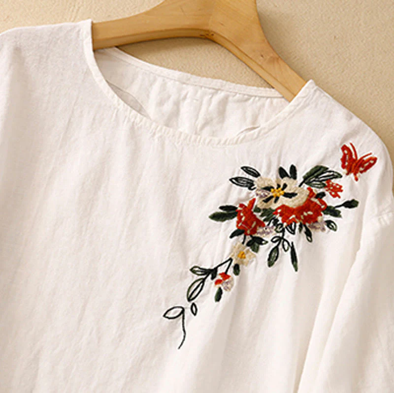 Maglietta da donna in cotone a maniche corte con scollo rotondo, casual ed estiva, con Buddha Stones e ricamo - Image 12