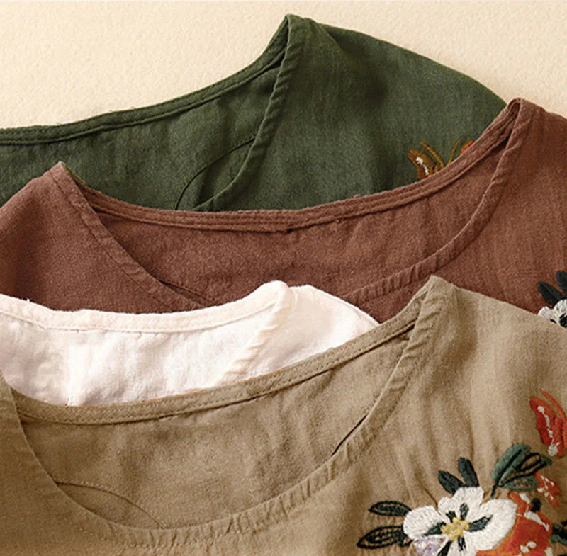Maglietta da donna in cotone a maniche corte con scollo rotondo, casual ed estiva, con Buddha Stones e ricamo - Image 29