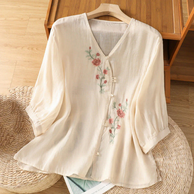 Maglietta da donna in cotone con scollo a V e fiori ricamati con Buddha Stones