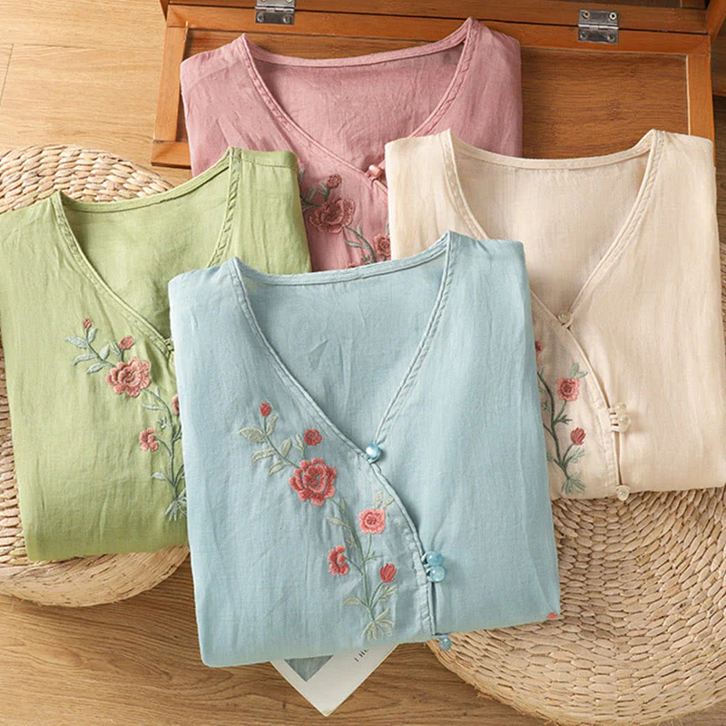 Maglietta da donna in cotone con scollo a V e fiori ricamati con Buddha Stones - Image 19