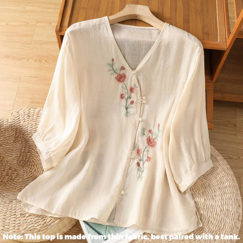 Maglietta da donna in cotone con scollo a V e fiori ricamati con Buddha Stones - Image 2
