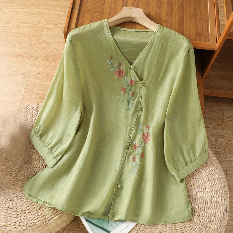 Maglietta da donna in cotone con scollo a V e fiori ricamati con Buddha Stones - Image 8