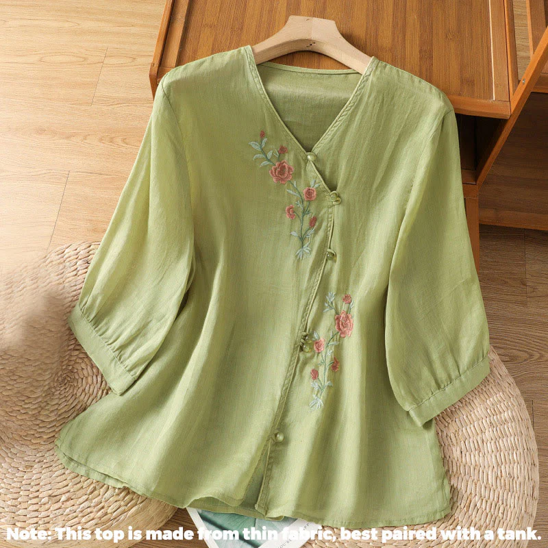 Maglietta da donna in cotone con scollo a V e fiori ricamati con Buddha Stones - Image 9