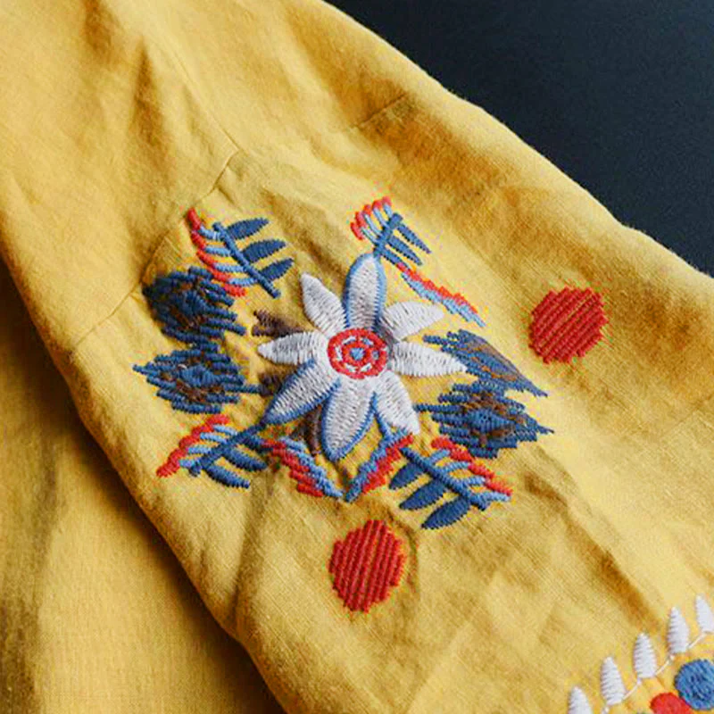 Maglietta da donna in cotone e lino a maniche corte con scollo a giro e ricamo artistico retrò con motivo floreale Buddha Stones - Image 17