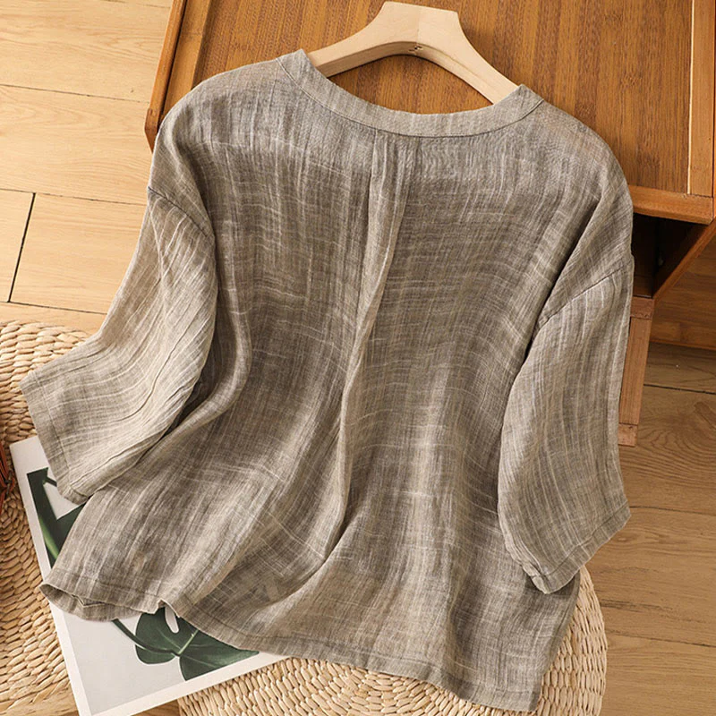 Maglietta da donna in cotone e lino con maniche a tre quarti, casual, estiva, stile Buddha Stones, girocollo e tinta unita - Image 18