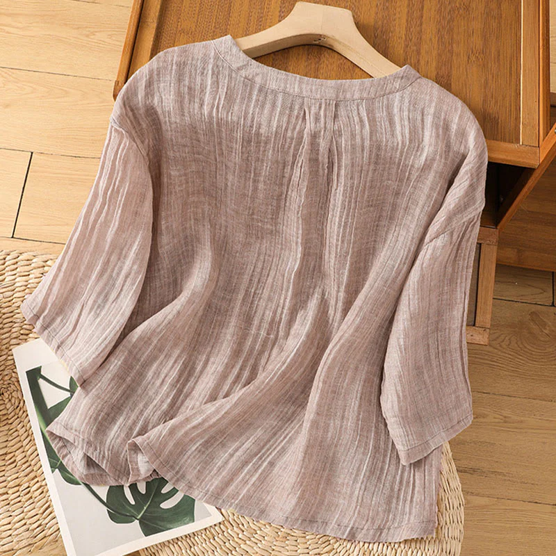 Maglietta da donna in cotone e lino con maniche a tre quarti, casual, estiva, stile Buddha Stones, girocollo e tinta unita - Image 25