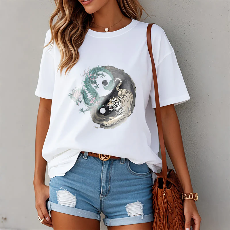 Maglietta in cotone con Buddha Stones, tigre, drago, Yin e Yang - Image 13