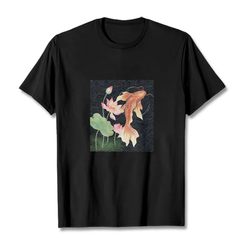 Maglietta in cotone con combinazione di Buddha Stones Koi Fish Lotus - Image 6