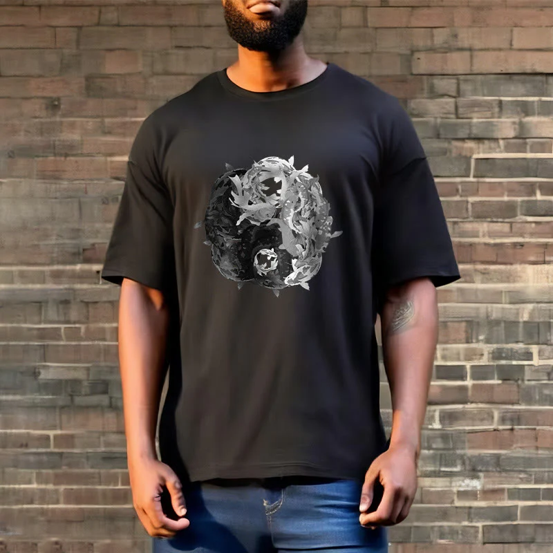 Maglietta in cotone con combinazione di Buddha Stones Yin Yang Koi Fish - Image 13