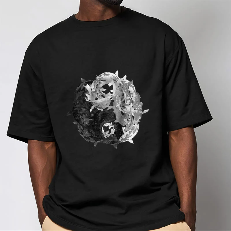 Maglietta in cotone con combinazione di Buddha Stones Yin Yang Koi Fish - Image 14