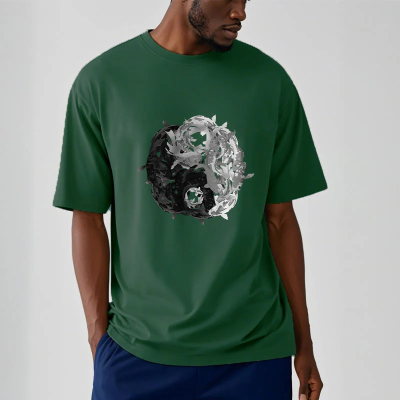 Maglietta in cotone con combinazione di Buddha Stones Yin Yang Koi Fish - Image 17