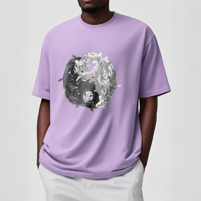 Maglietta in cotone con combinazione di Buddha Stones Yin Yang Koi Fish - Image 33