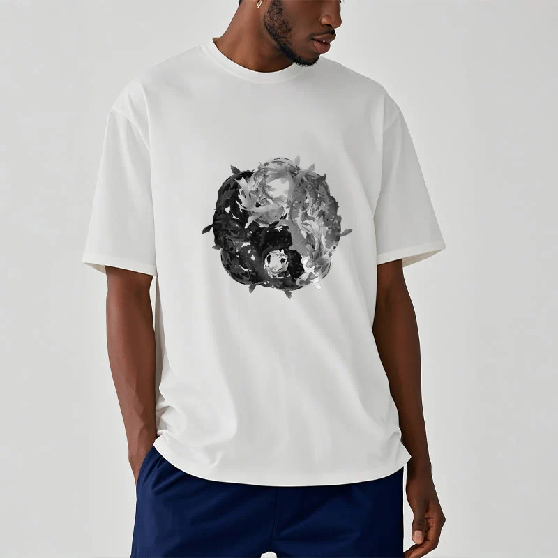 Maglietta in cotone con combinazione di Buddha Stones Yin Yang Koi Fish - Image 6