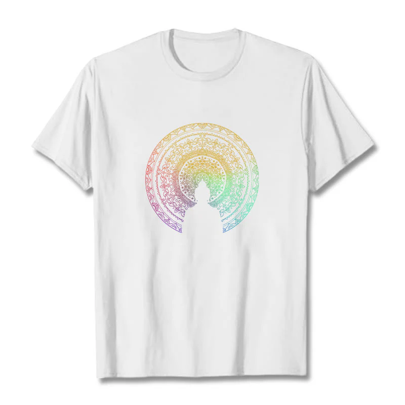 Maglietta in cotone con mandala e Buddha Stones, sfumatura colorata - Image 8