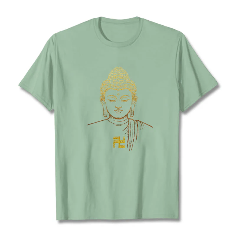 Maglietta in cotone con motivo a svastica con Buddha Stones e Buddha dorato - Image 13