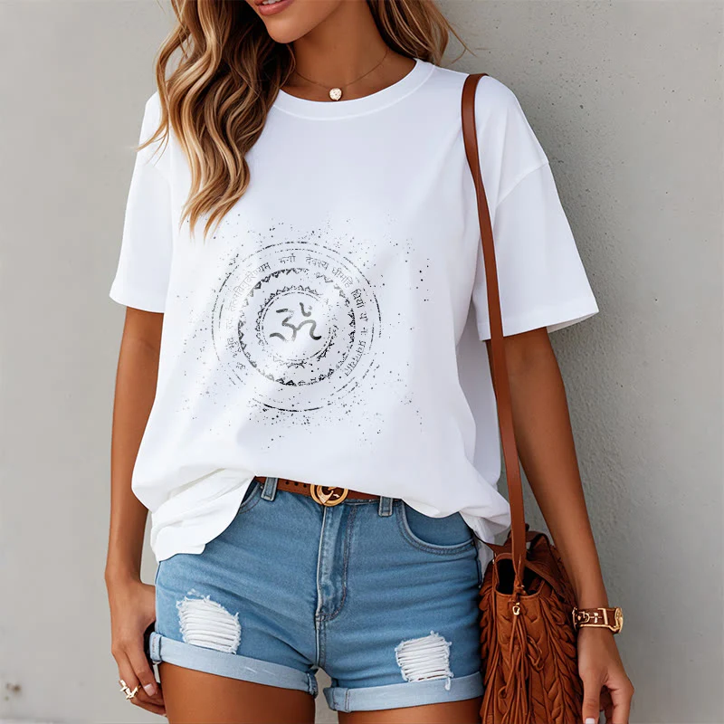 Maglietta in cotone con motivo mandala con Buddha Stones e simbolo Om e mantra - Image 3