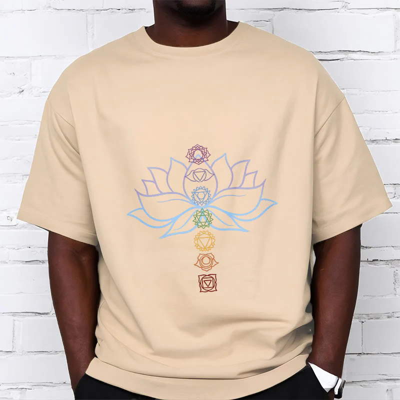 Maglietta in cotone per meditazione Buddha Stones, tonalità pastello, fiore di loto, simboli dei chakra - Image 10