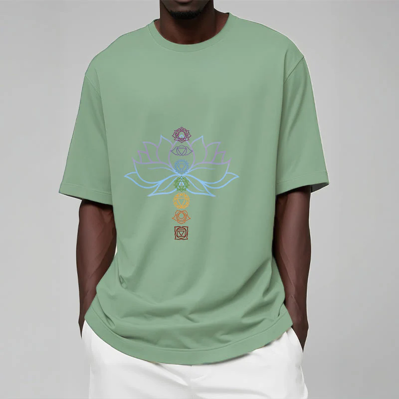 Maglietta in cotone per meditazione Buddha Stones, tonalità pastello, fiore di loto, simboli dei chakra - Image 16