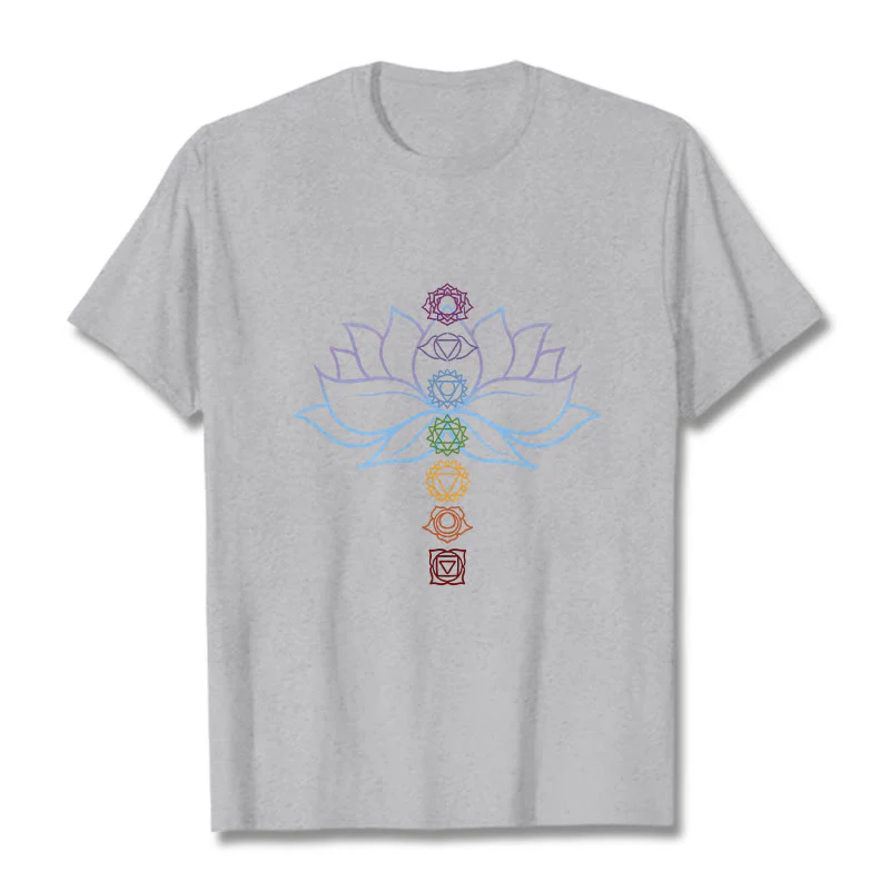 Maglietta in cotone per meditazione Buddha Stones, tonalità pastello, fiore di loto, simboli dei chakra - Image 20