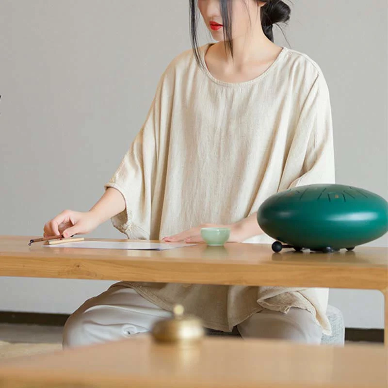 Maglietta larga a maniche tre quarti con motivo Buddha Stones tinta unita - Image 2
