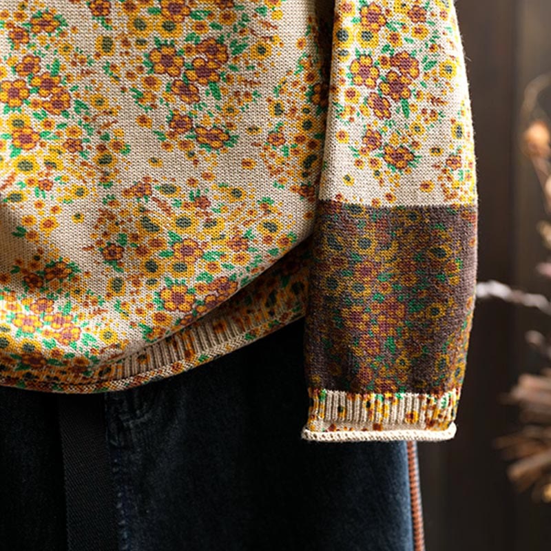 Maglione a collo alto a maniche lunghe con orlo a coste in cotone lavorato a maglia floreale da donna Buddha Stones - Image 10