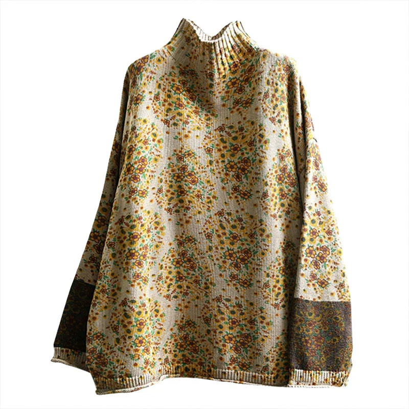 Maglione a collo alto a maniche lunghe con orlo a coste in cotone lavorato a maglia floreale da donna Buddha Stones - Image 12