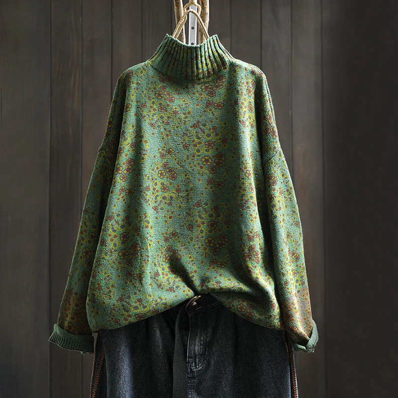Maglione a collo alto a maniche lunghe con orlo a coste in cotone lavorato a maglia floreale da donna Buddha Stones - Image 13