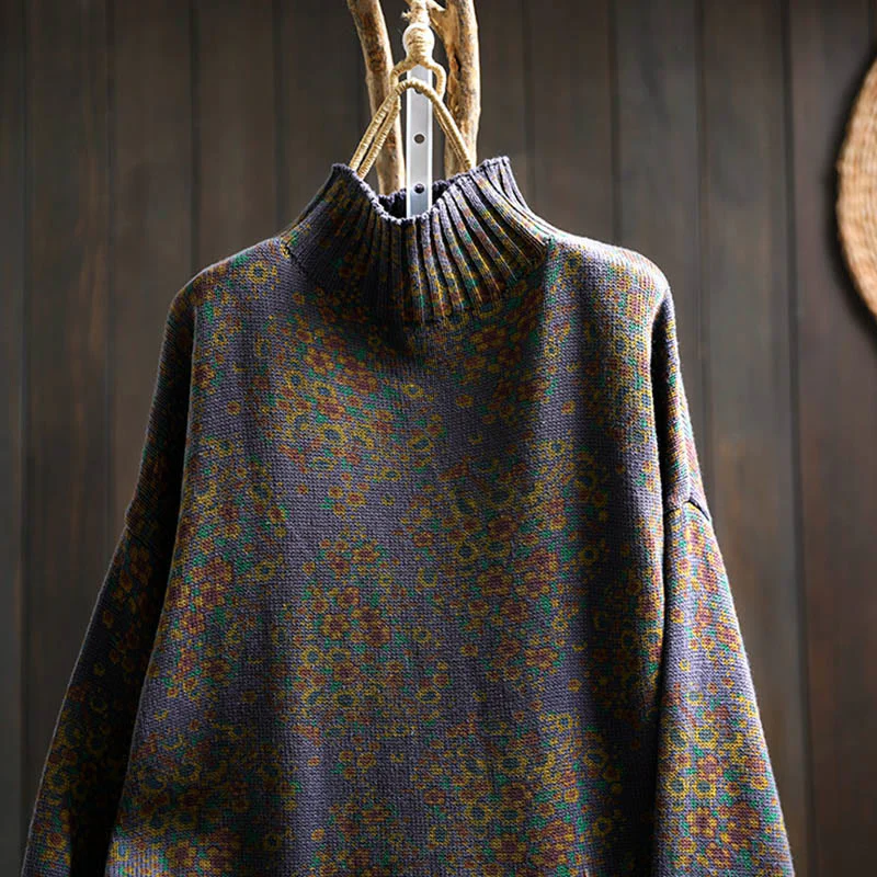 Maglione a collo alto a maniche lunghe con orlo a coste in cotone lavorato a maglia floreale da donna Buddha Stones - Image 20