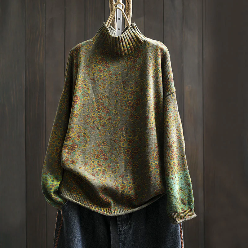 Maglione a collo alto a maniche lunghe con orlo a coste in cotone lavorato a maglia floreale da donna Buddha Stones - Image 21