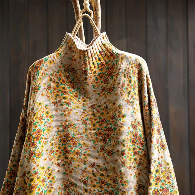 Maglione a collo alto a maniche lunghe con orlo a coste in cotone lavorato a maglia floreale da donna Buddha Stones - Image 3
