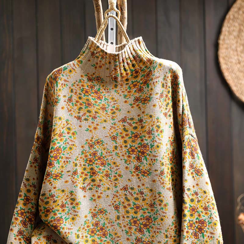 Maglione a collo alto a maniche lunghe con orlo a coste in cotone lavorato a maglia floreale da donna Buddha Stones - Image 4