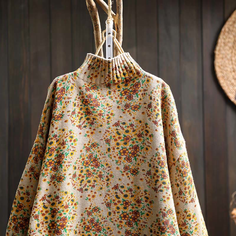 Maglione a collo alto a maniche lunghe con orlo a coste in cotone lavorato a maglia floreale da donna Buddha Stones - Image 5