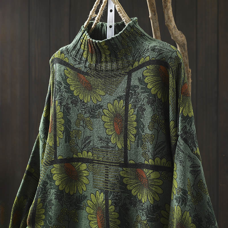 Maglione da donna in cotone a maniche lunghe con collo alto e motivo a girasole Buddha Stones - Image 17