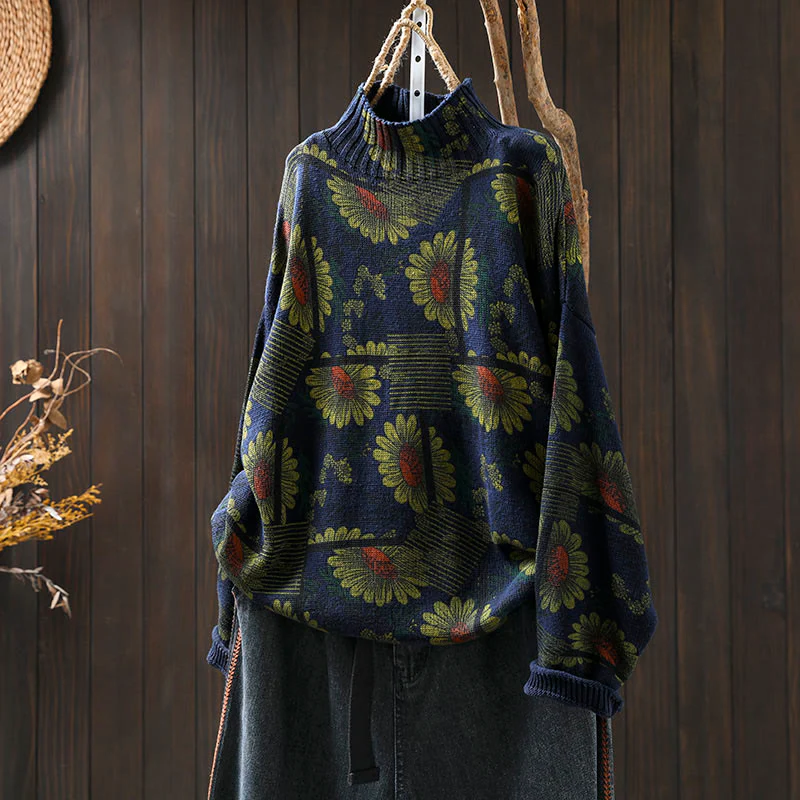 Maglione da donna in cotone a maniche lunghe con collo alto e motivo a girasole Buddha Stones - Image 3