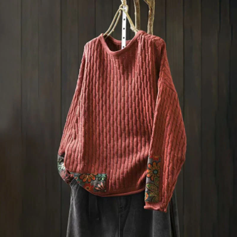 Maglione da donna in cotone con scollo rotondo e maniche lunghe, motivo patchwork invernale Buddha Stones - Image 10