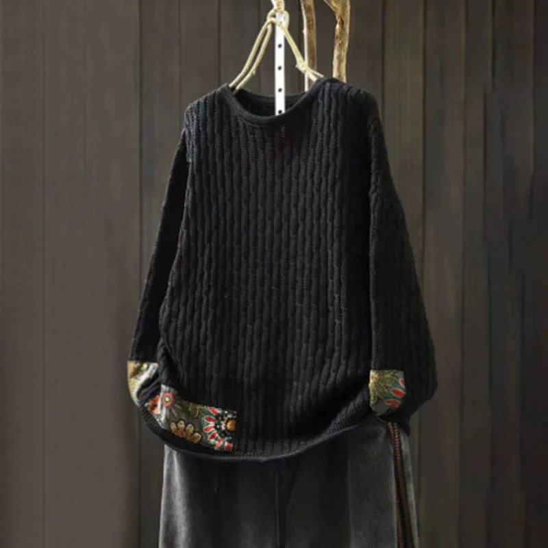 Maglione da donna in cotone con scollo rotondo e maniche lunghe, motivo patchwork invernale Buddha Stones - Image 11