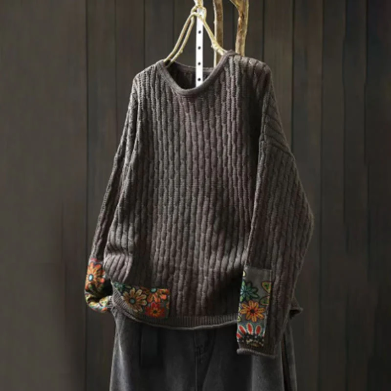 Maglione da donna in cotone con scollo rotondo e maniche lunghe, motivo patchwork invernale Buddha Stones - Image 12
