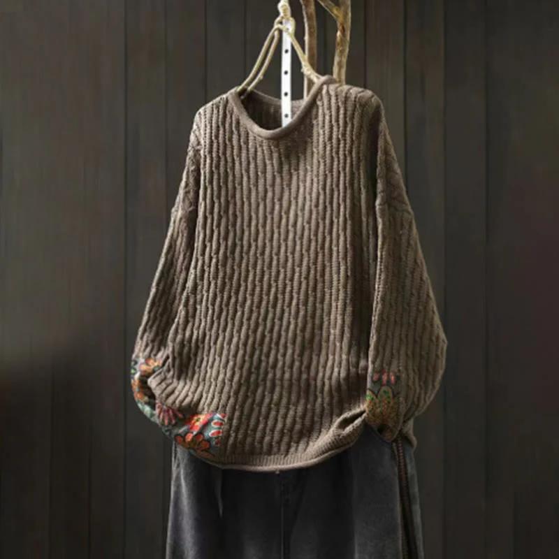 Maglione da donna in cotone con scollo rotondo e maniche lunghe, motivo patchwork invernale Buddha Stones - Image 13
