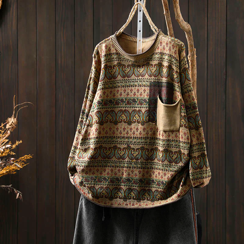 Maglione da donna in cotone con scollo rotondo, manica lunga, motivo floreale autunnale con motivo Buddha Stones Plant e tasca - Image 14